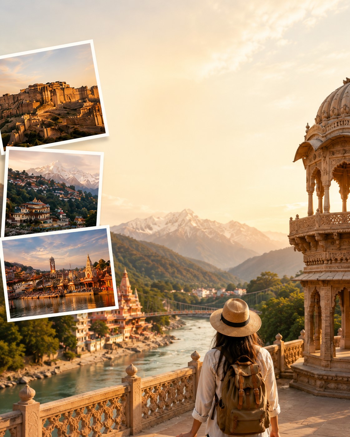 A traveller looking out over the Himalayan foothills from a heritage balcony, with inset photos of Mehrangarh Fort, a hill town and the Ganges ghats