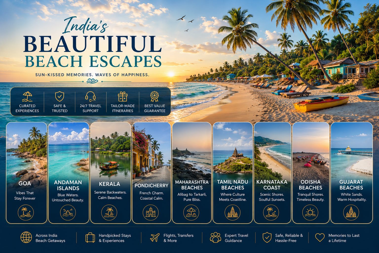 Promotional graphic for Indian beach destinations including Goa, Andaman Islands, Kerala, Pondicherry, and the coasts of Maharashtra, Tamil Nadu, Karnataka, Odisha and Gujarat