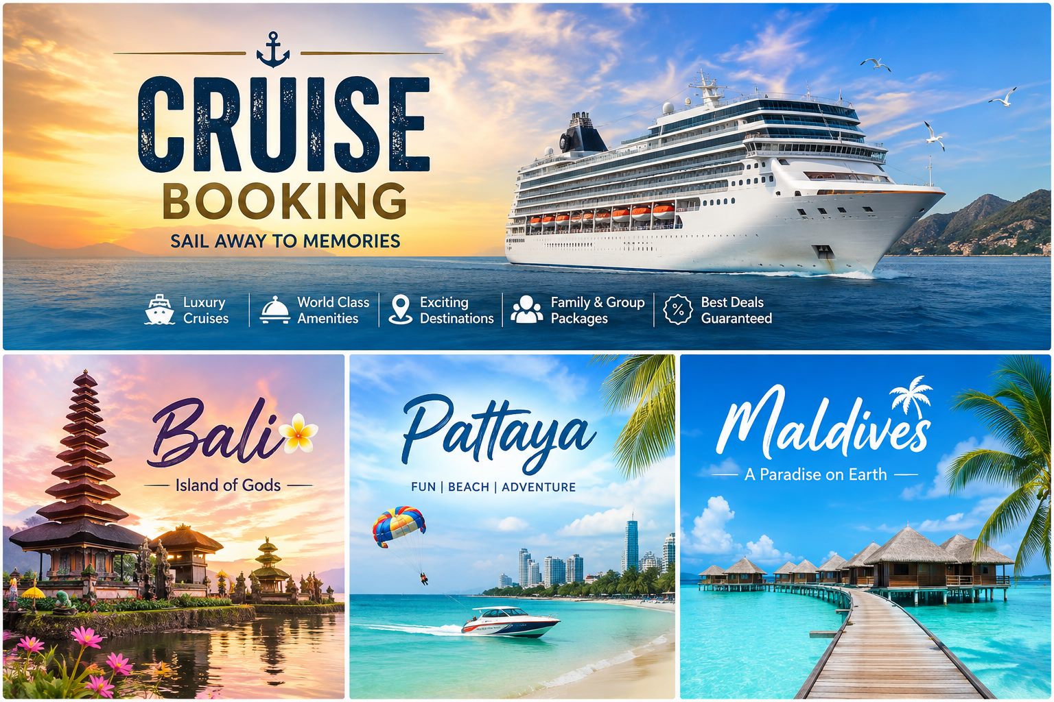 Cruise booking promotional graphic with a luxury cruise ship, alongside Bali, Pattaya and Maldives destination panels