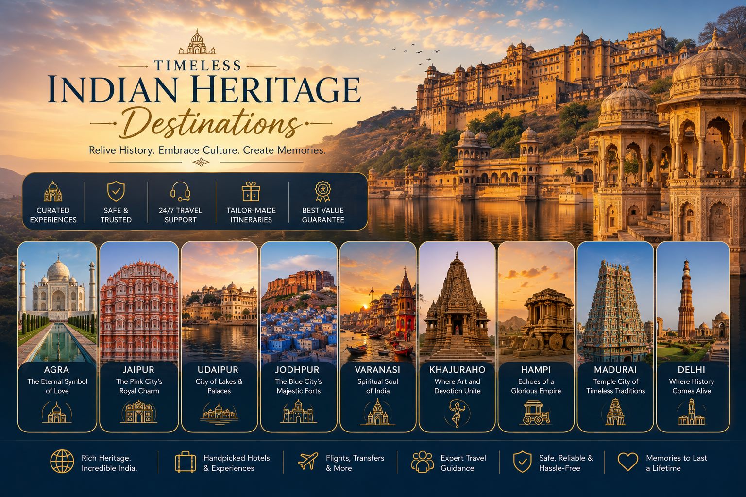 Promotional graphic for Indian heritage destinations including Agra, Jaipur, Udaipur, Jodhpur, Varanasi, Khajuraho, Hampi, Madurai and Delhi