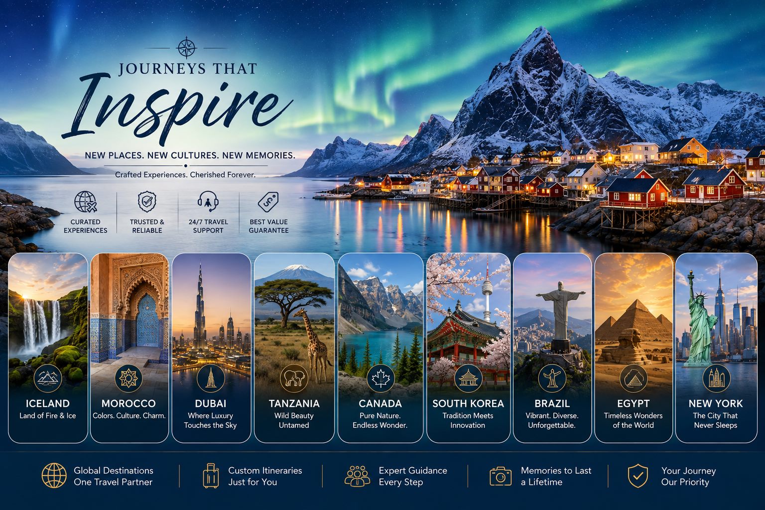 Promotional collage of international destinations including Iceland, Morocco, Dubai, Tanzania, Canada, South Korea, Brazil, Egypt and New York
