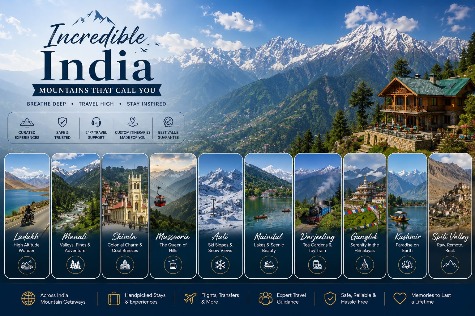 Promotional graphic for Indian mountain destinations including Ladakh, Manali, Shimla, Mussoorie, Auli, Nainital, Darjeeling, Gangtok, Kashmir and Spiti Valley