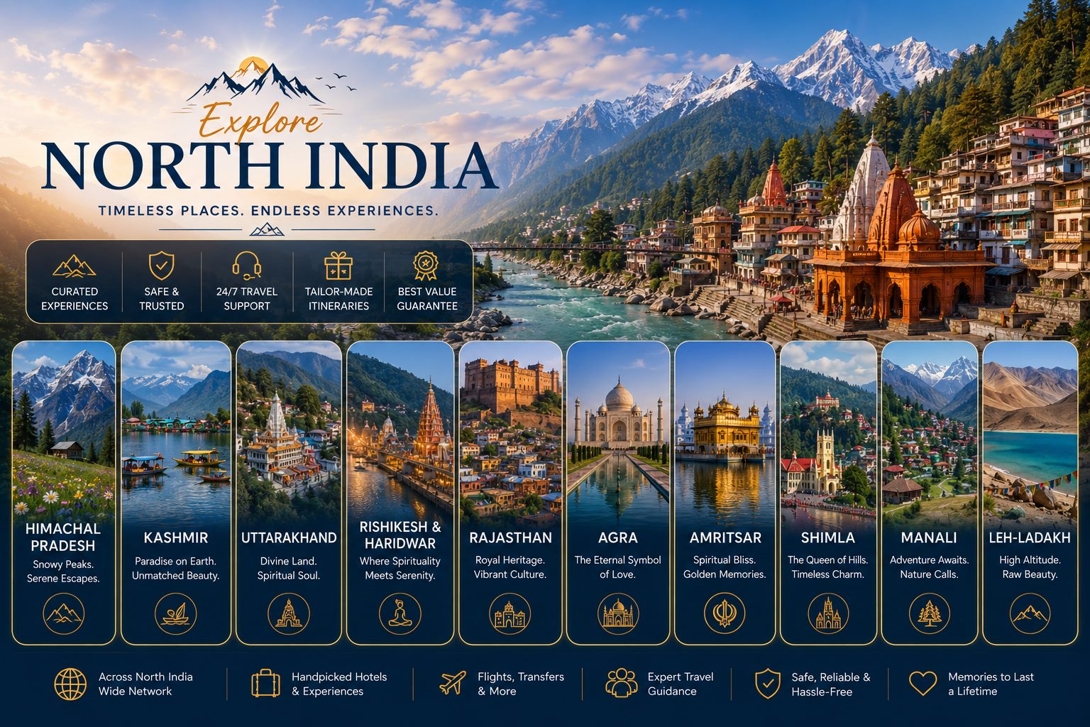 Promotional graphic for North India tours featuring Himachal Pradesh, Kashmir, Uttarakhand, Rishikesh & Haridwar, Rajasthan, Agra, Amritsar, Shimla, Manali and Leh-Ladakh