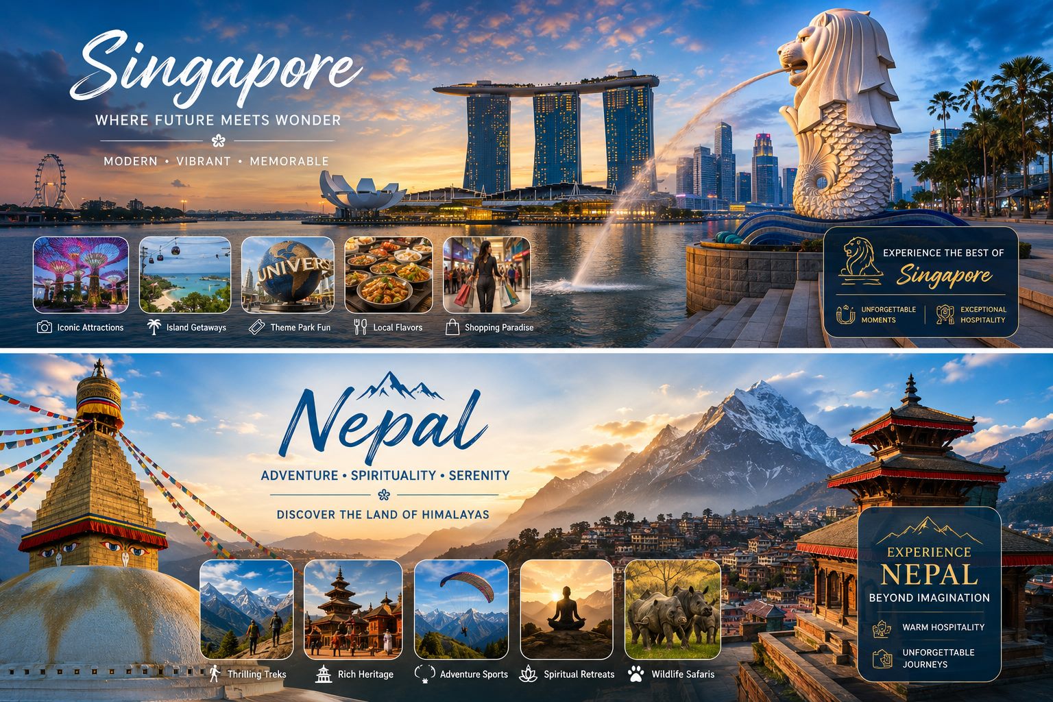Promotional graphic of Singapore's Marina Bay skyline and Merlion statue alongside Nepal's Himalayan temples and mountains