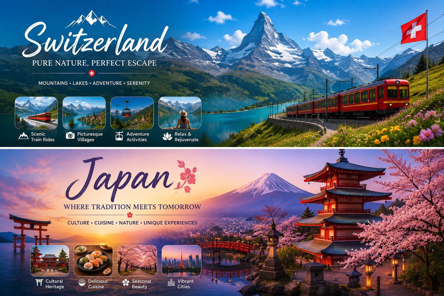 Promotional graphic of the Swiss Alps and scenic train alongside Japan's Mount Fuji and a cherry blossom pagoda