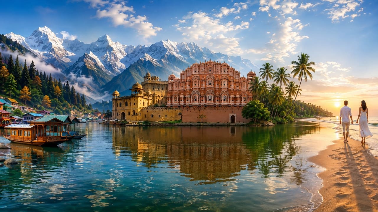 A pink sandstone heritage palace reflected in still water, with snow peaks behind