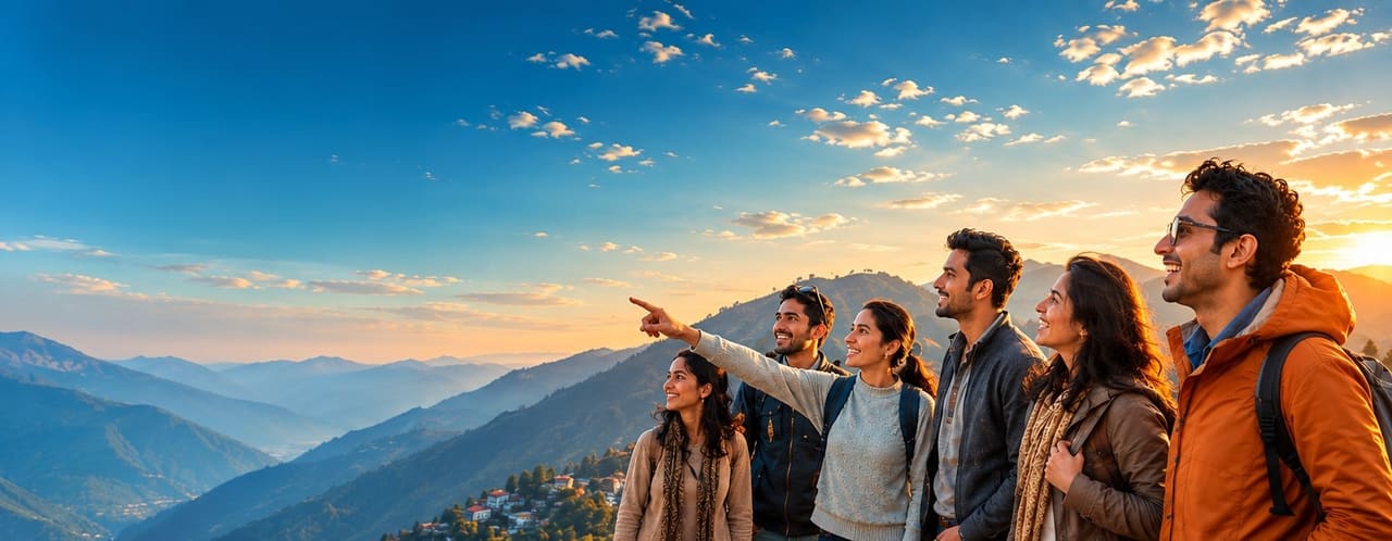 Six travellers standing on a ridge at sunset, one pointing across a Himalayan valley